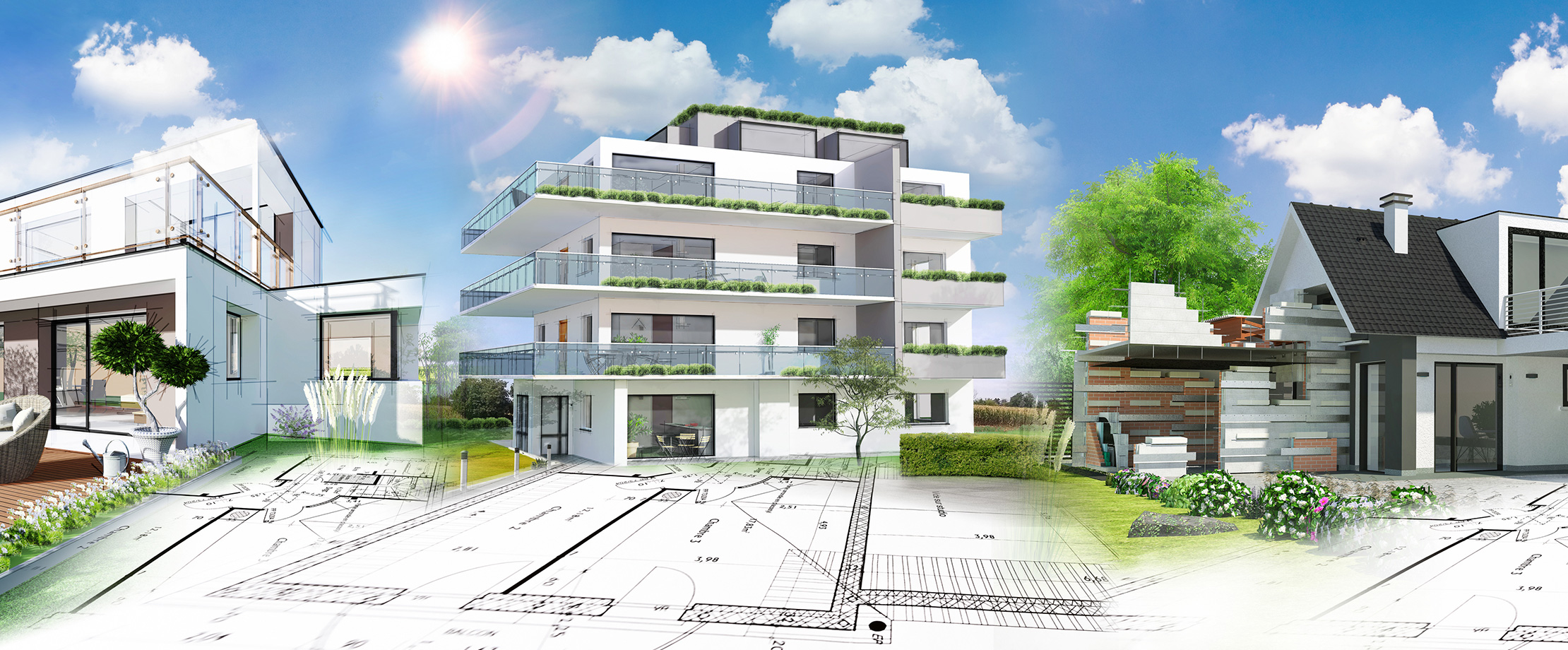 Ein animiertes Wohnhaus, ein animiertes Einfamilienhaus und ein animiertes Haus stehen in einer Grünlandschaft auf einem gezeichneten Plan. 