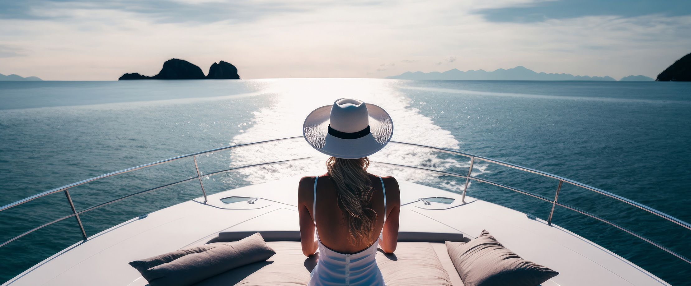Frau mit Sonnenhut sitzt am Vorderdeck eines Schiffs und  blickt auf das offene Meer